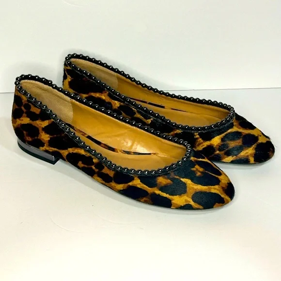 NEW Jessica Simpson Gillian Leopard Cow Calf Hair Fur Beaded Flats Shoes Size 9 - Picture 2 of 6